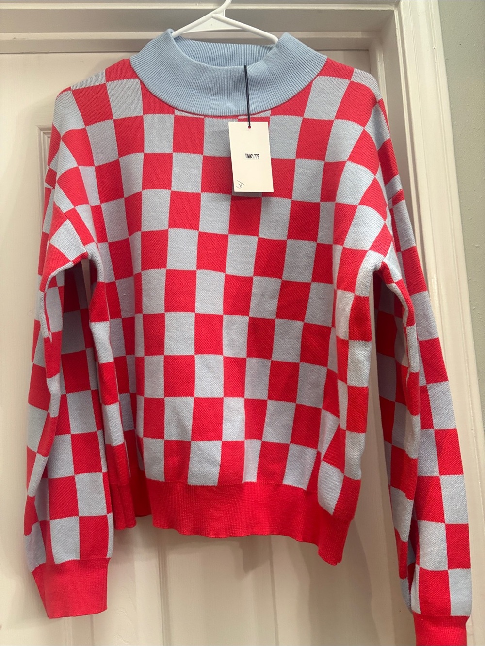 Checkerboard  Sweater - Red & Light Blue